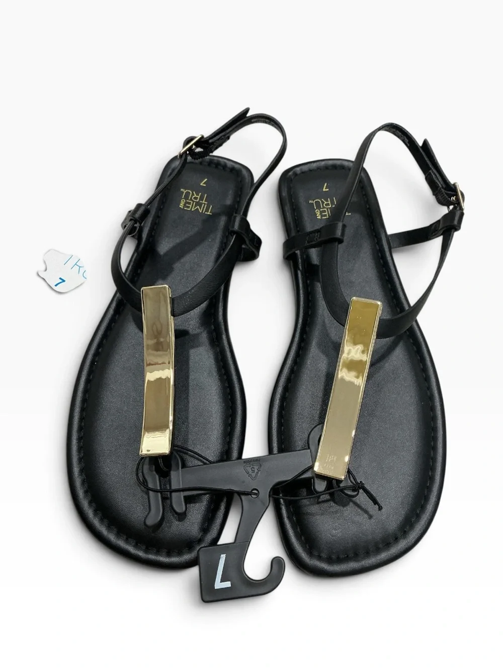 Time and Tru Women’s T-Strap Thong Sandals Black Gold Hardware Size 7